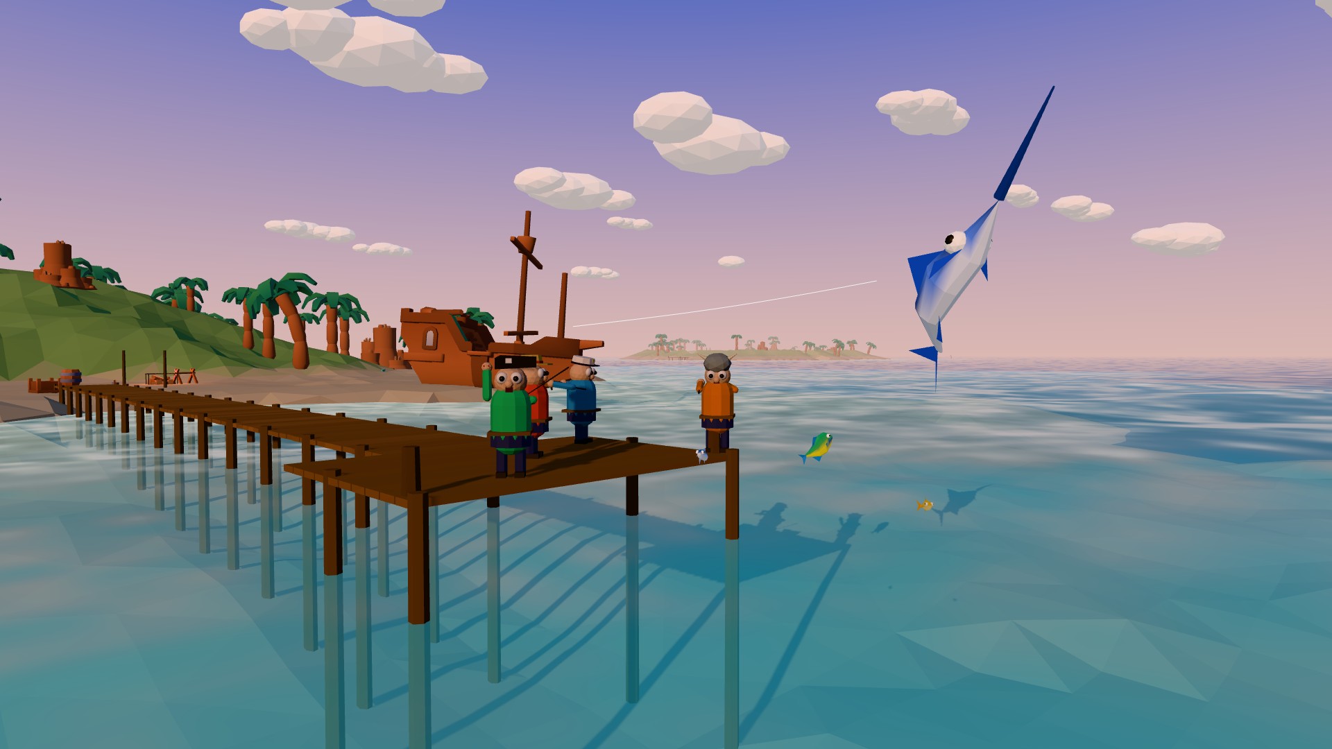 Fishers on a dock at sunset while a marlin leaps