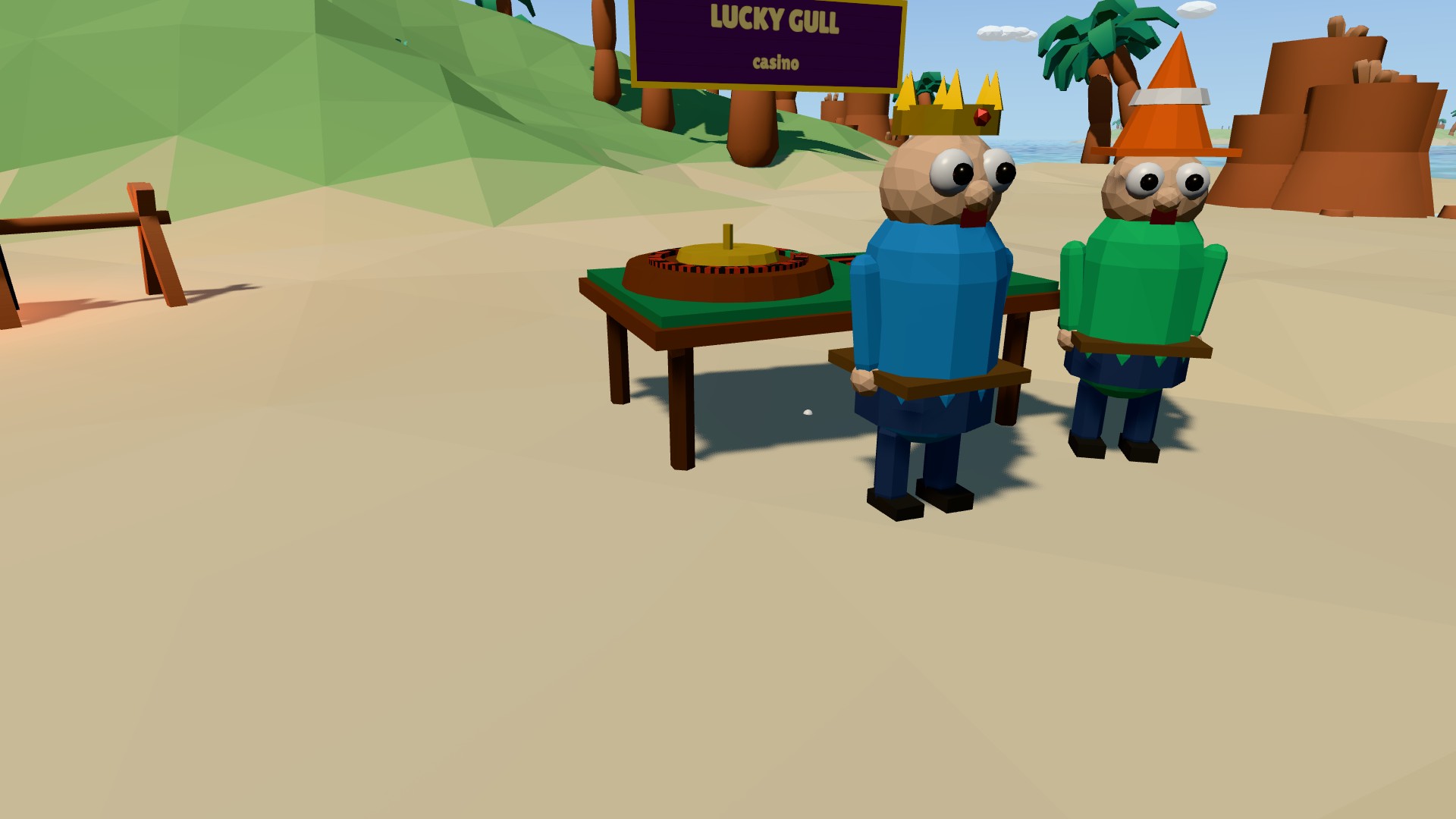 Two fishers wearing a crown and a traffic cone at the roulette